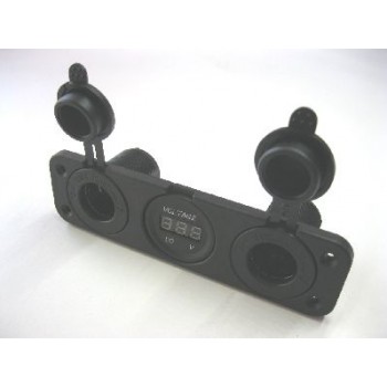 FEMALE CIG SOCKET X 2 + VOLT METER PANEL MOUNT WITH FACE PLATE